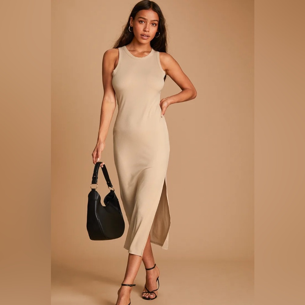 Lulus ribbed bodycon midi dress in Tan